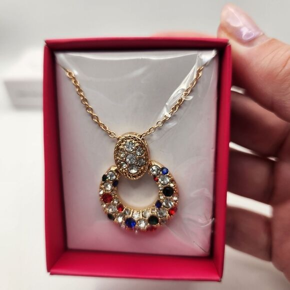 Studio 1886 Multi Pave Pendant Necklace Multicolor Goldtone Fashion Jewelry Avon - Picture 2 of 4